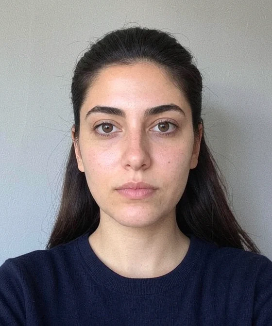 Correct ID photo example without glasses, with a neutral expression, upright head, and even lighting