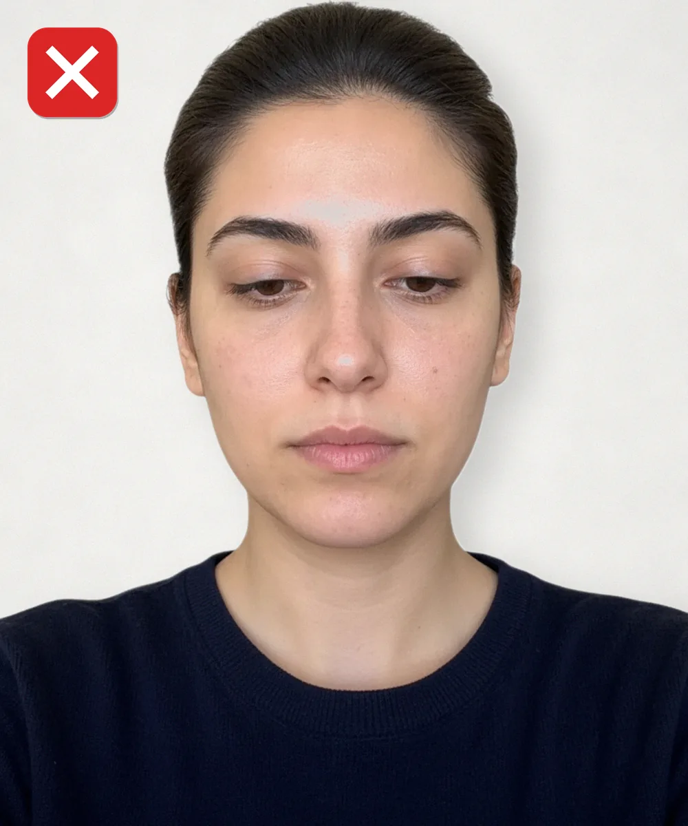 Alttan çekilmiş, gözleri ekrana bakan yanlış vesikalık fotoğraf örneği