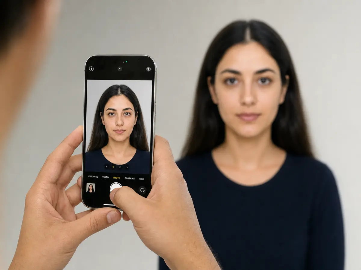 Vesikalık için düz duvar önünde telefonla çekilmiş ham fotoğraf örneği