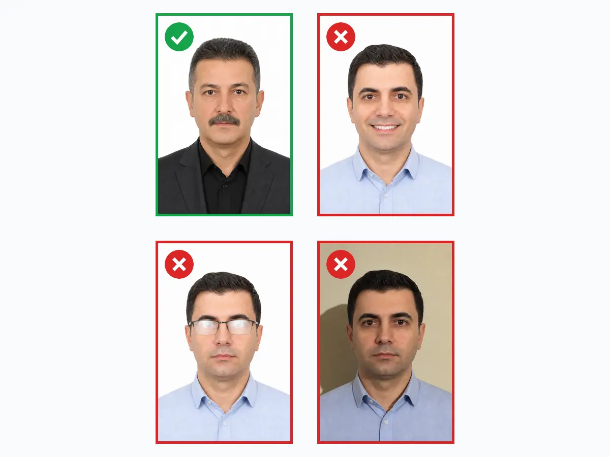 Richtige und falsche Fotobeispiele für die türkische Anwaltszulassung und den Kammerausweis: konformes biometrisches 60×90-mm-Foto mit Robe sowie Fehler wie Lächeln, keine Robe und Schatten im Hintergrund