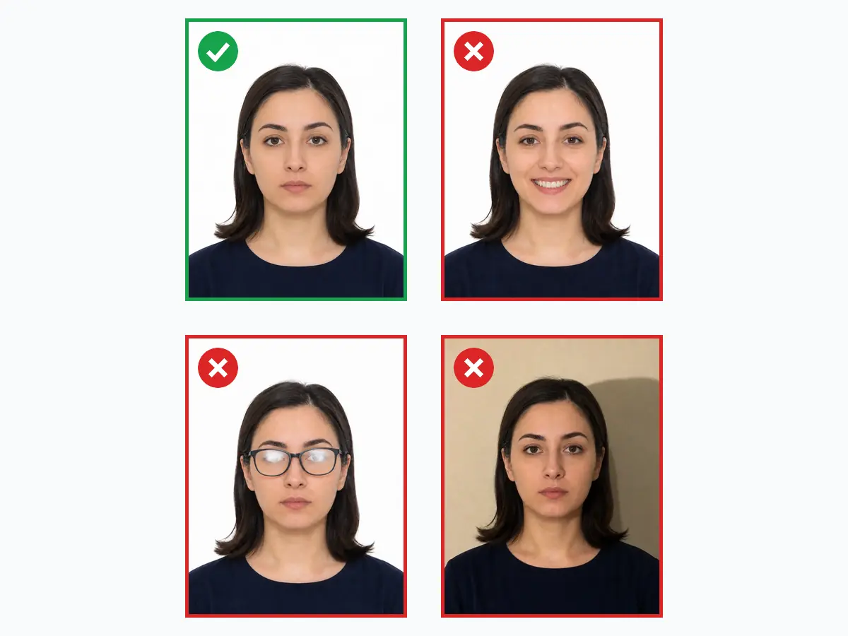Correct and incorrect UAE Dubai visa photo examples: compliant 43×55 mm shot vs smiling, glasses glare and shadowed background errors