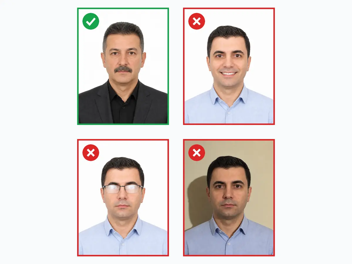 Kanada vizesi fotoğrafında doğru ve yanlış örnekler: uygun 35×45mm IRCC fotoğrafı, gülümseme, gözlük yansıması ve gölgeli arka plan hataları