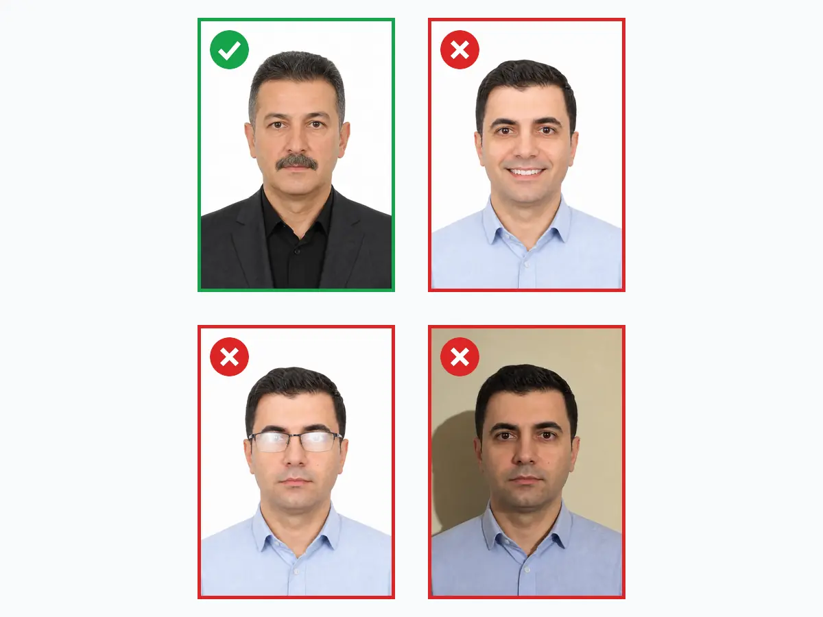 Kanada vizesi fotoğrafında doğru ve yanlış örnekler: uygun 35×45mm IRCC fotoğrafı, gülümseme, gözlük yansıması ve gölgeli arka plan hataları