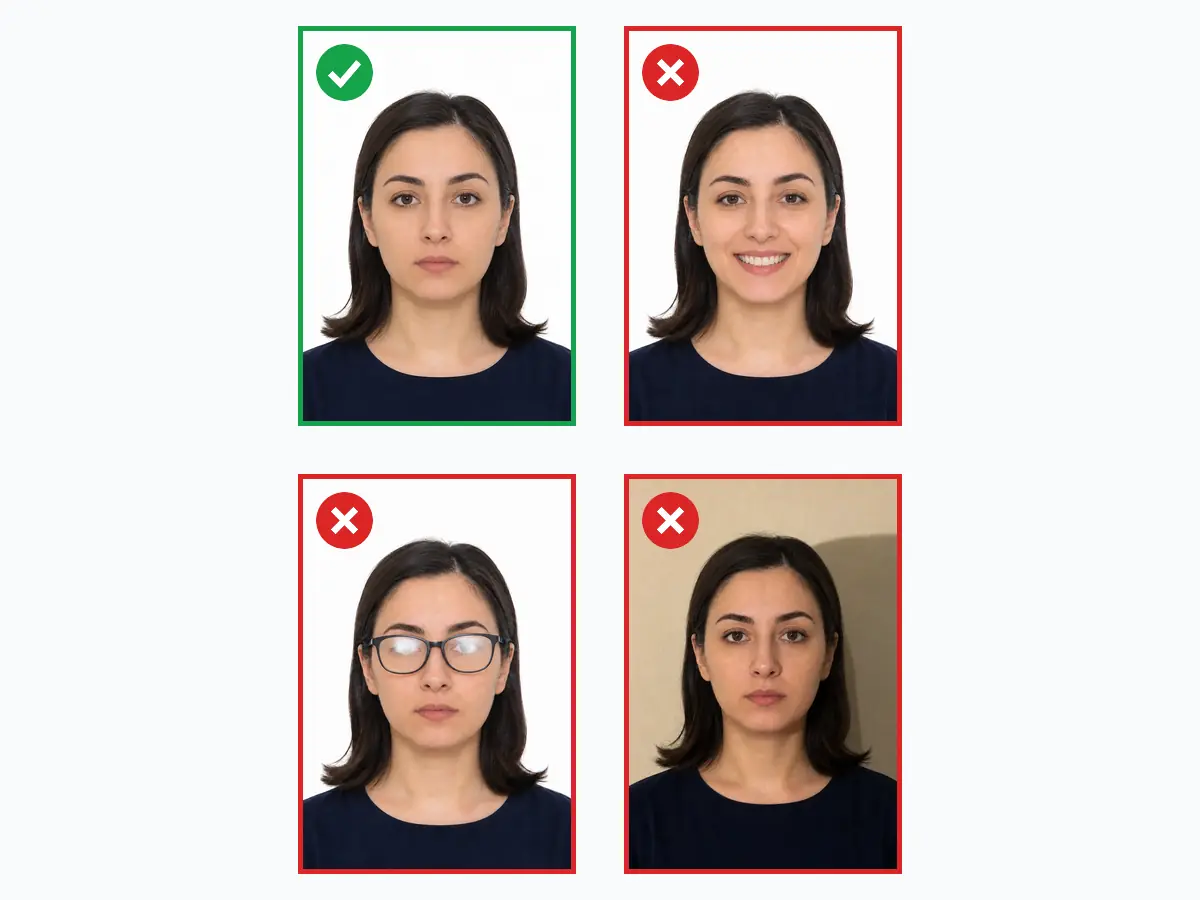 Çin vizesi fotoğrafında doğru ve yanlış örnekler: uygun 33×48mm fotoğraf, gülümseme, gözlük yansıması ve gölgeli arka plan hataları