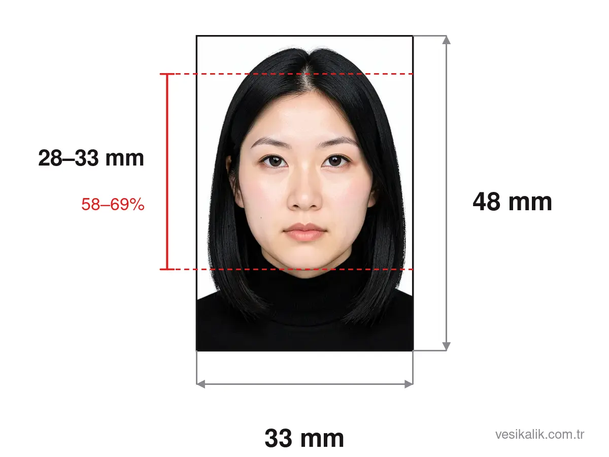 مخطط مقاس صورة تأشيرة الصين: صورة 33×48 ملم، ارتفاع الرأس 28–33 mm