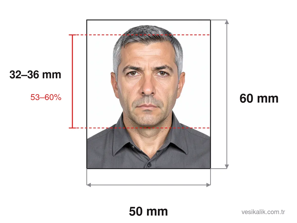 Turkish Driving Licence Photo size diagram: 50×60 mm photo, head height 32–36 mm