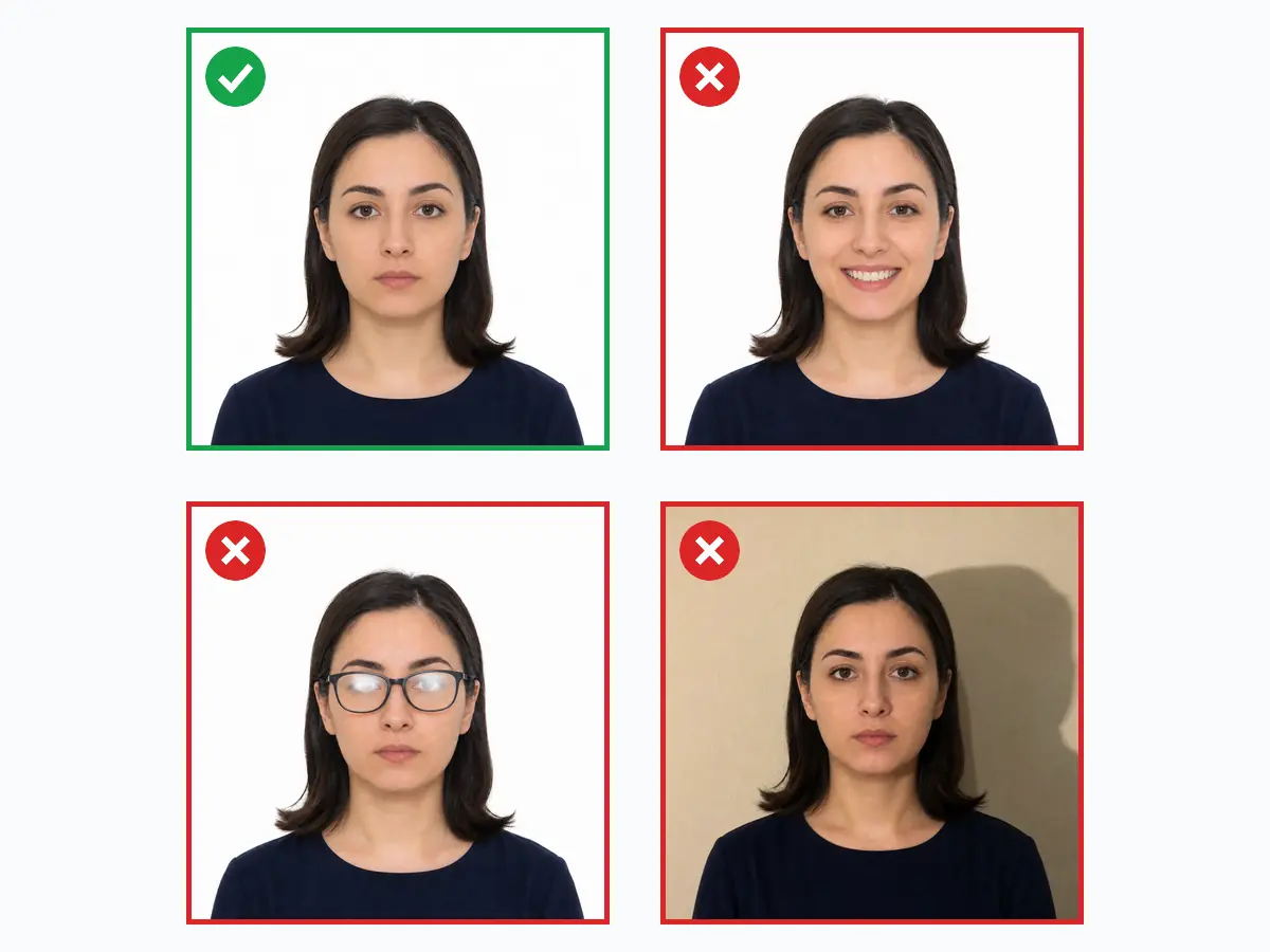 Richtige und falsche Beispiele für das Green-Card-DV-Lottery-Foto: konformes 600×600-px-Quadrat vs. Lächeln, Brillenreflexion und Schattenhintergrund