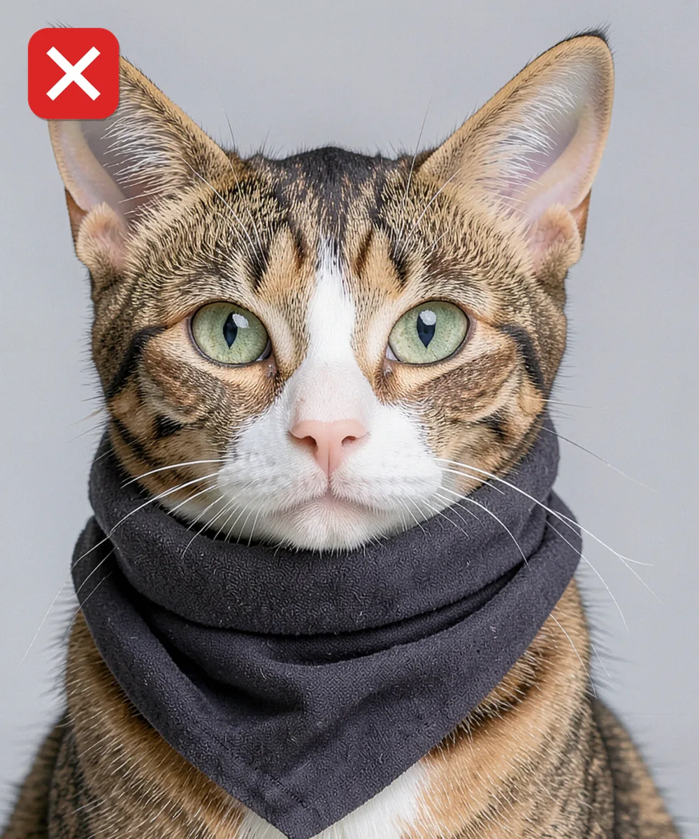 Kedi Vesikalık Fotoğrafı — Yanlış evcil hayvan karesi örneği: iri tasma ve bandana çeneyi kapatıyor