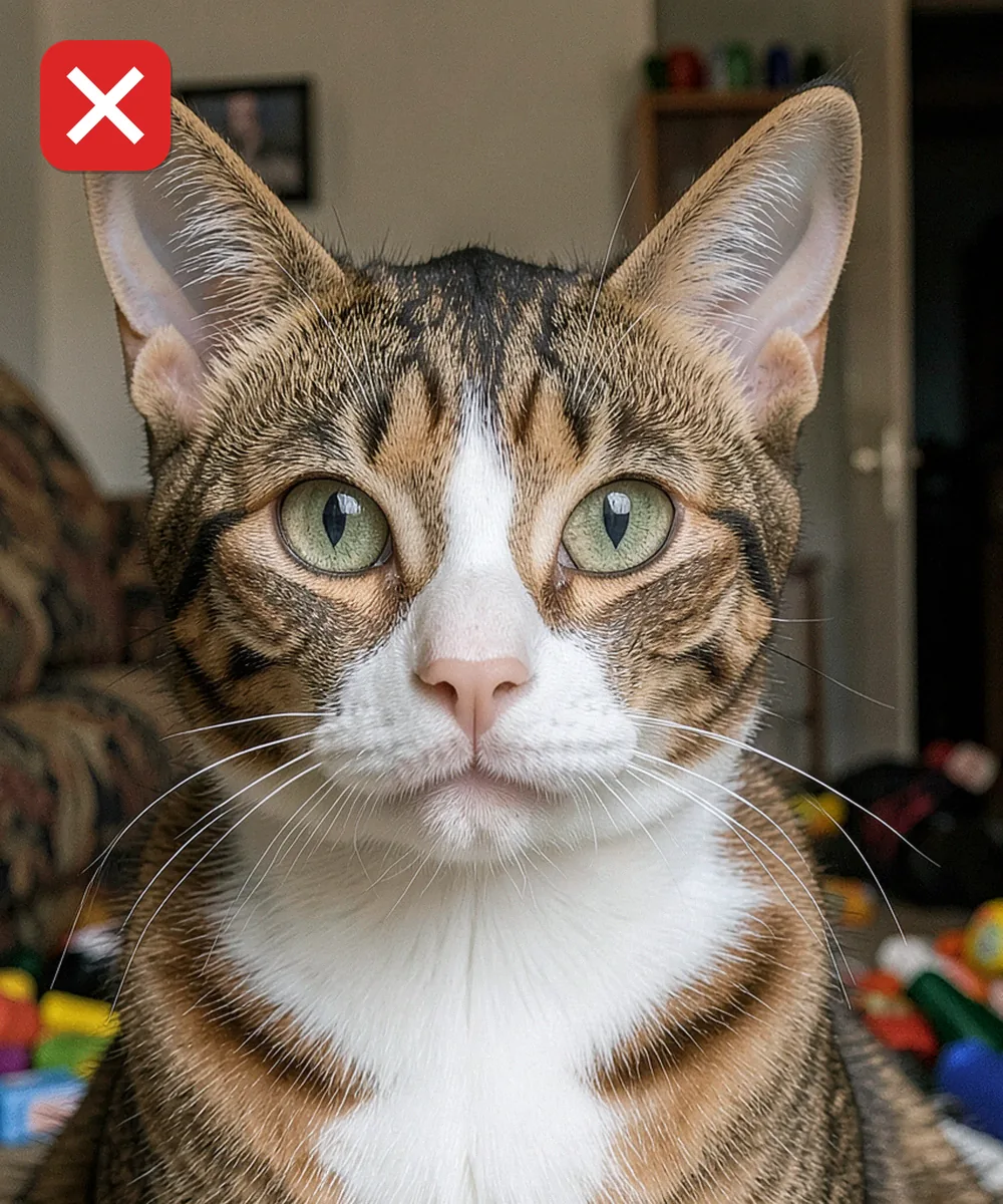 Kedi Vesikalık Fotoğrafı — Yanlış evcil hayvan karesi örneği: karmaşık, dolu arka plan