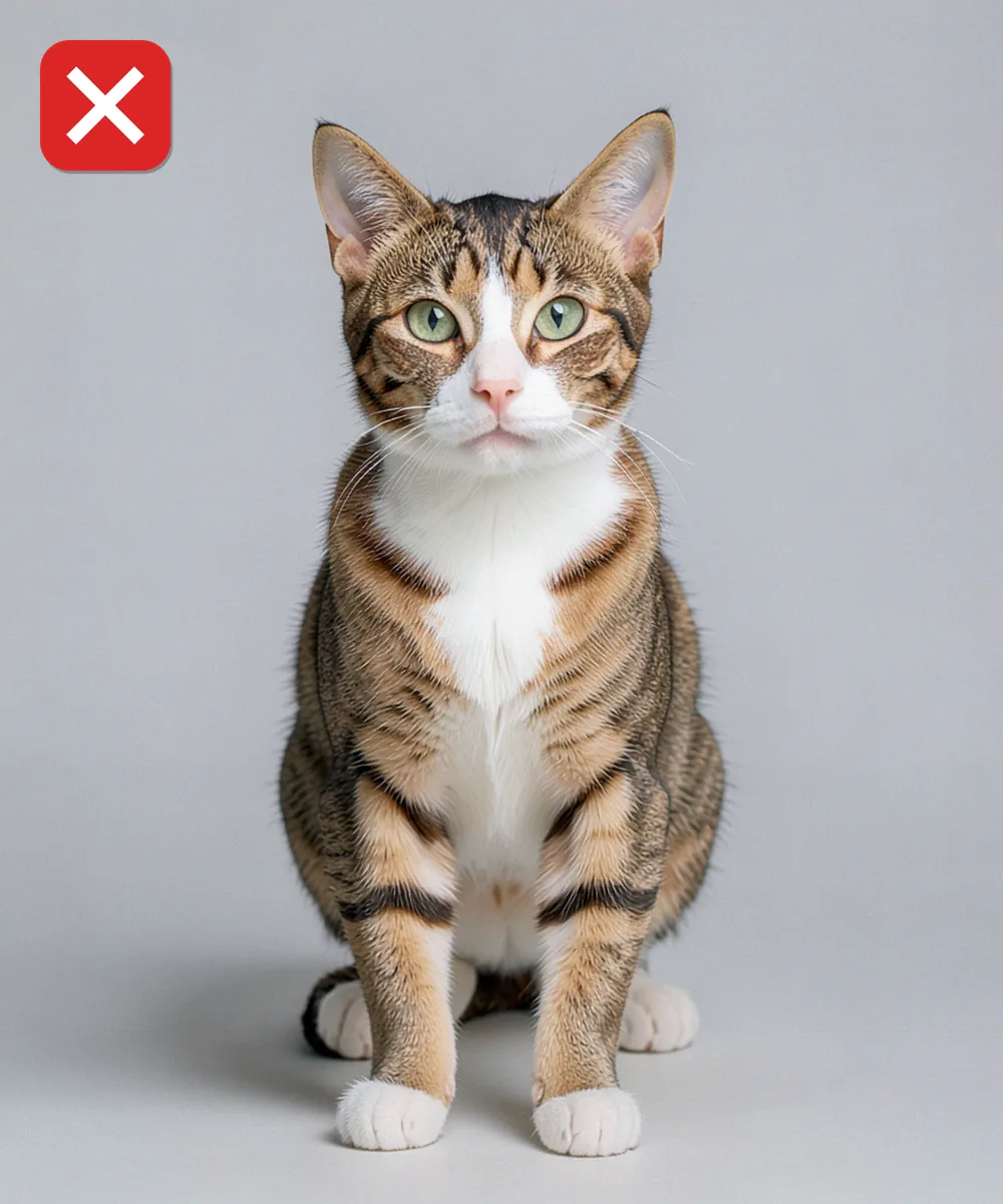 Kedi Vesikalık Fotoğrafı — Yanlış evcil hayvan karesi örneği: çok uzaktan tam boy çekim, baş kareye sığmayacak kadar küçük kalıyor