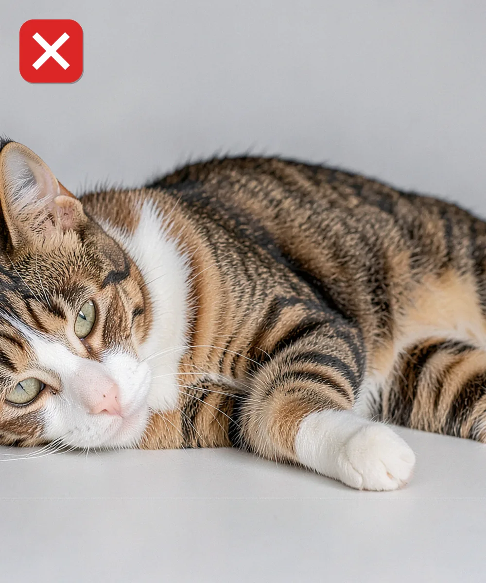 Kedi Vesikalık Fotoğrafı — Yanlış evcil hayvan karesi örneği: hayvan uzanmış, kare yayvan çıkıyor ve hayvan içinde küçülüyor