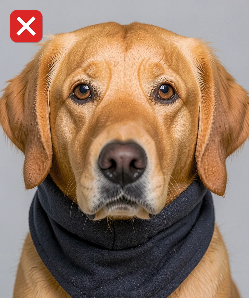 Köpek Vesikalık Fotoğrafı — Yanlış evcil hayvan karesi örneği: iri tasma ve bandana çeneyi kapatıyor