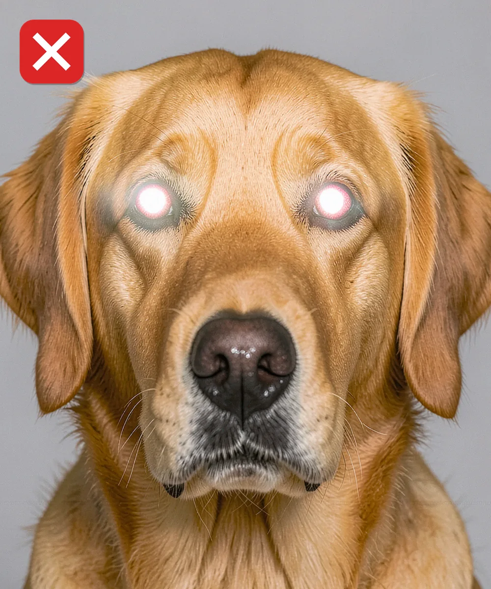 Köpek Vesikalık Fotoğrafı — Yanlış evcil hayvan karesi örneği: flaş hayvanın gözlerinde parlama yapıyor