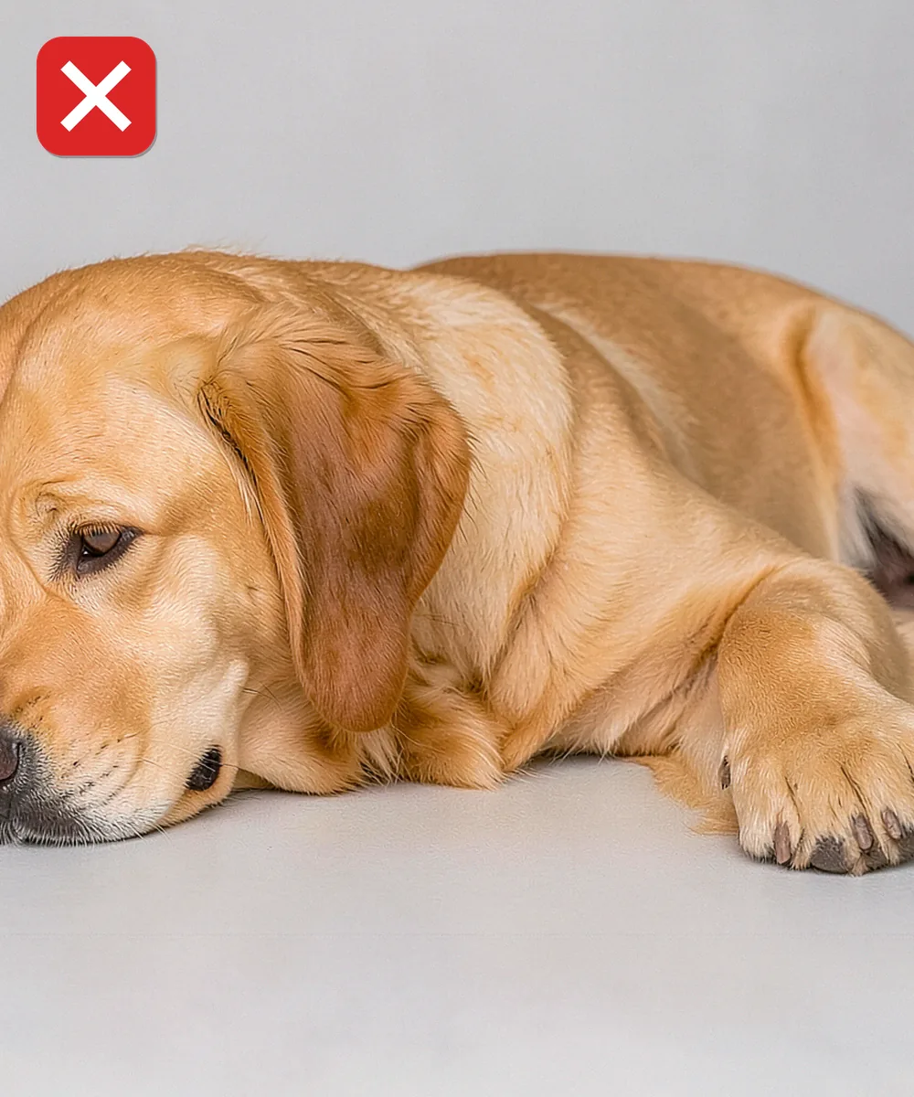 Köpek Vesikalık Fotoğrafı — Yanlış evcil hayvan karesi örneği: hayvan uzanmış, kare yayvan çıkıyor ve hayvan içinde küçülüyor