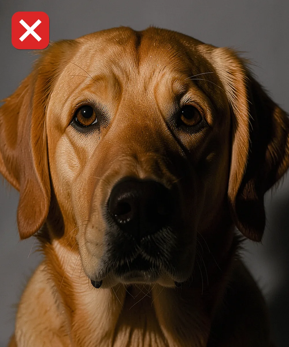 Köpek Vesikalık Fotoğrafı — Yanlış evcil hayvan karesi örneği: sert yan ışık kürkü gölgeye bölüyor