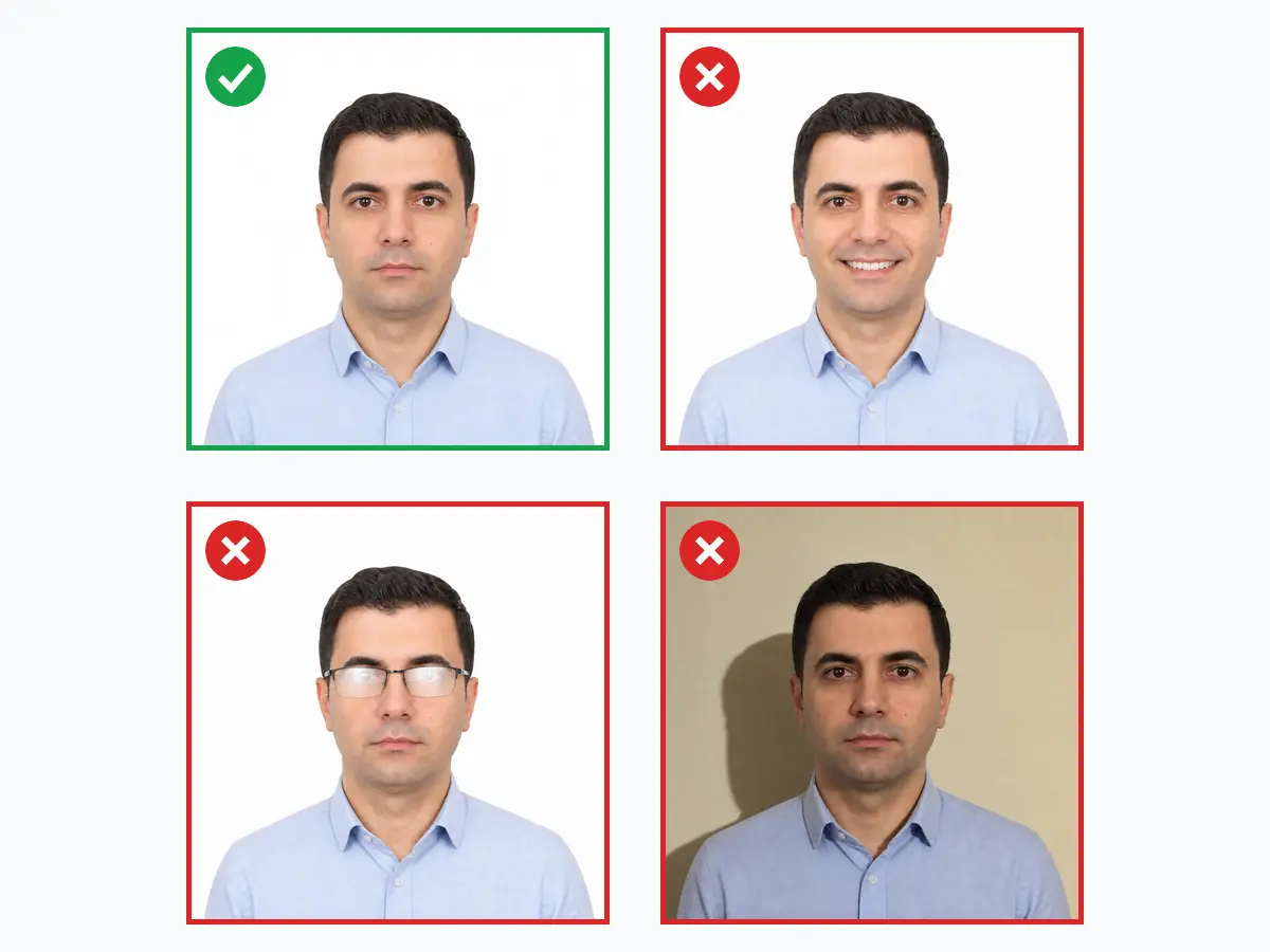Correct and incorrect India e-visa photo examples: compliant square shot vs smiling, glasses glare and shadowed background errors