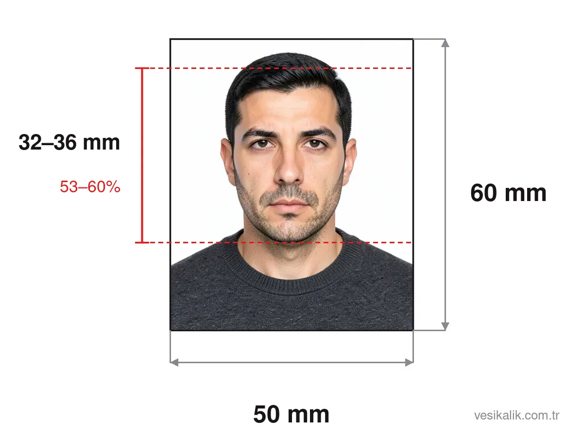 Maßskizze Türkischer Personalausweis-Foto: Foto 50×60 mm, Kopfhöhe 32–36 mm