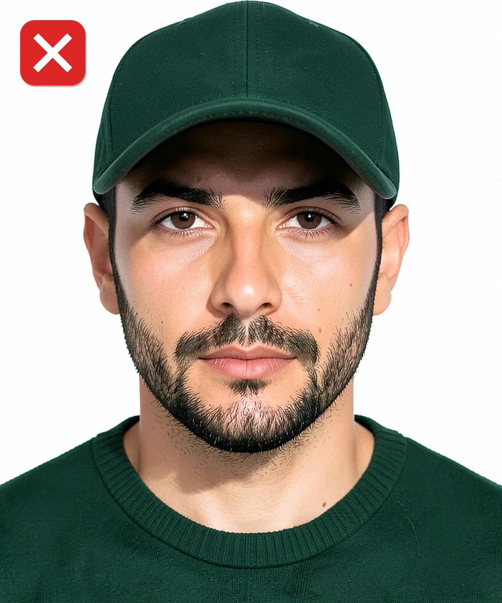 Passport Photo in Arnavutköy — Incorrect ID photo: wearing a baseball cap