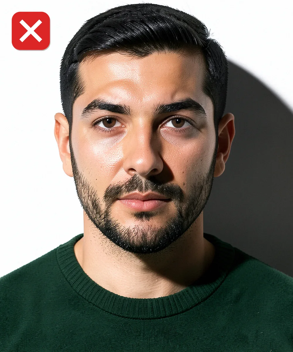 Passport Photo in Arnavutköy — Incorrect ID photo: harsh side lighting splits the face