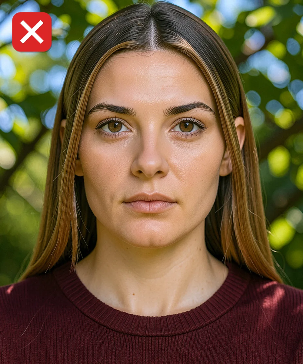 Passport Photo in Ataşehir — Incorrect ID photo: taken outdoors in front of greenery