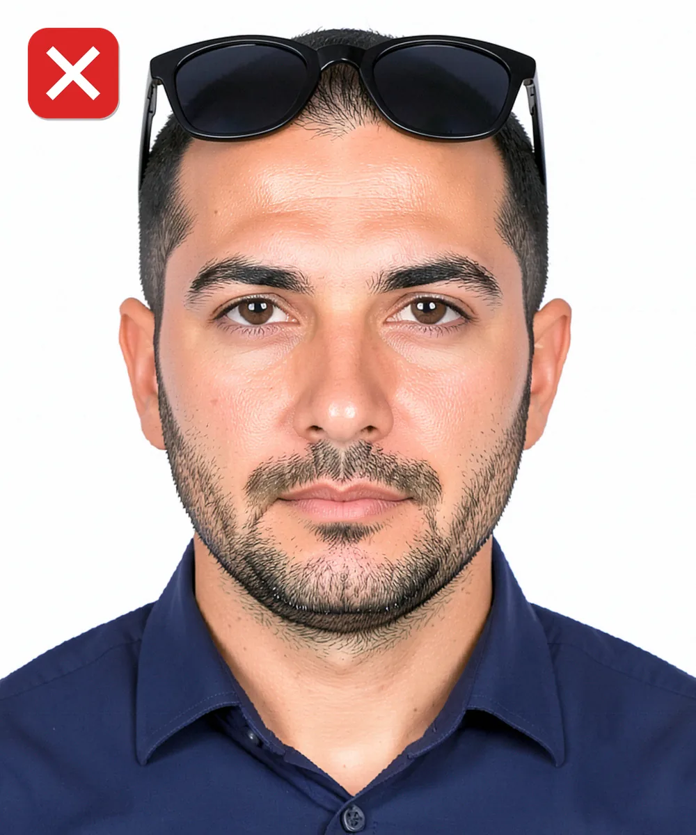 Passport Photo in Bahçelievler — Incorrect ID photo: sunglasses pushed up on the head