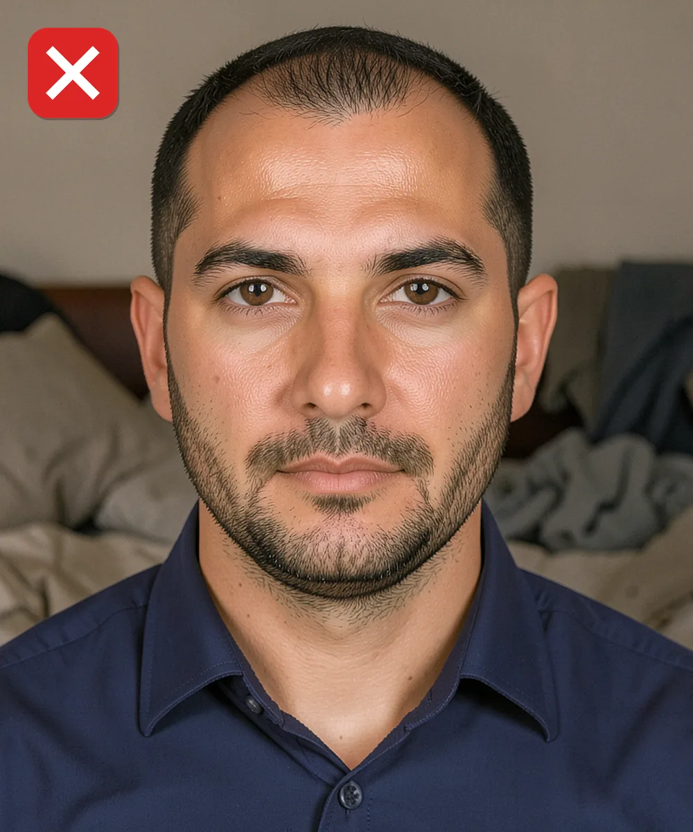 Passport Photo in Bahçelievler — Incorrect ID photo: taken in an untidy bedroom