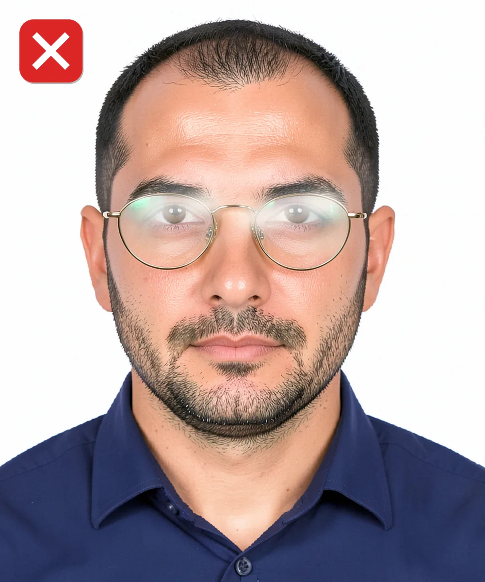 Passport Photo in Bahçelievler — Incorrect ID photo: glare on the glasses lenses
