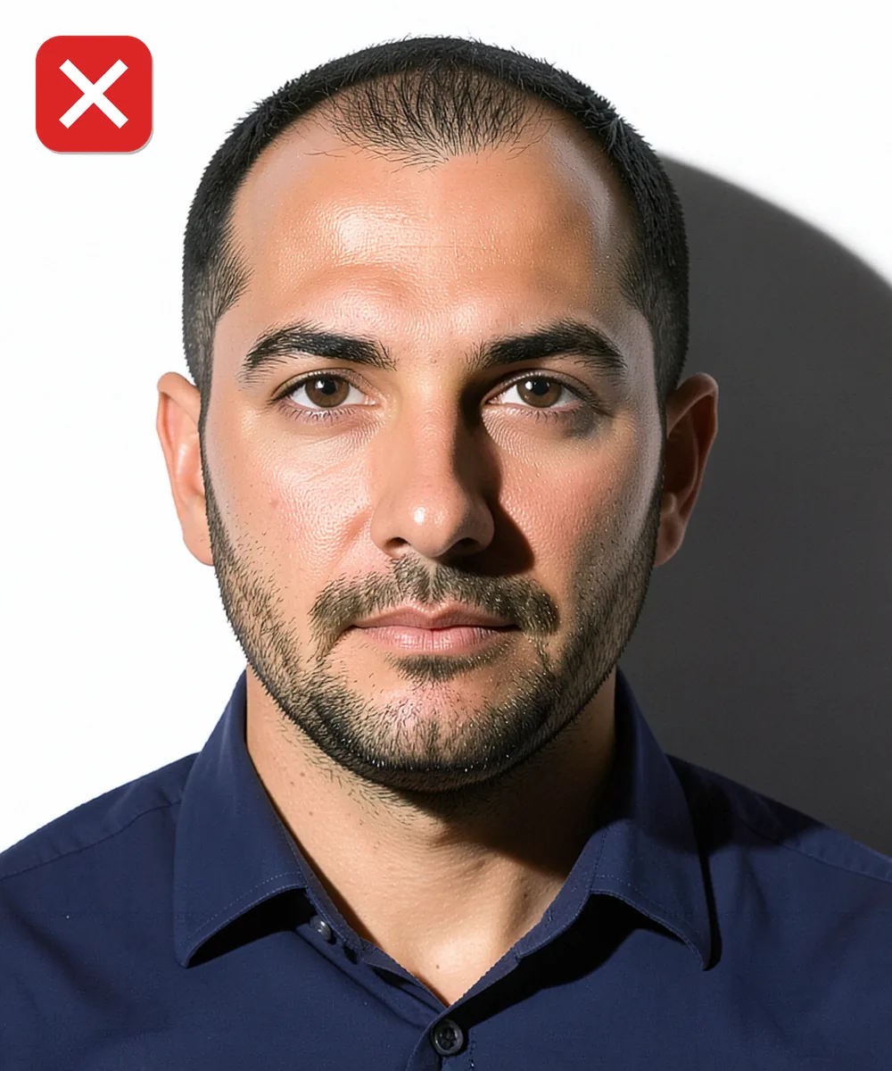 Passport Photo in Bahçelievler — Incorrect ID photo: harsh side lighting splits the face