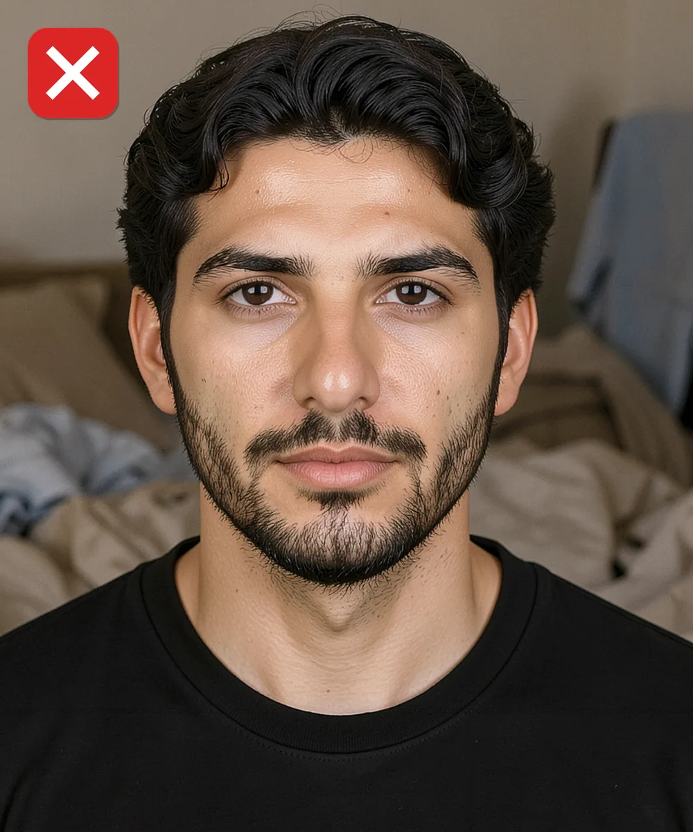 Passport Photo in Beyoğlu — Incorrect ID photo: taken in an untidy bedroom