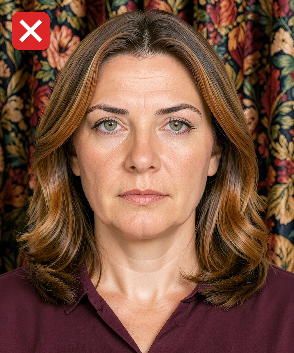 Passport Photo in Büyükçekmece — Incorrect ID photo: patterned curtains in the background