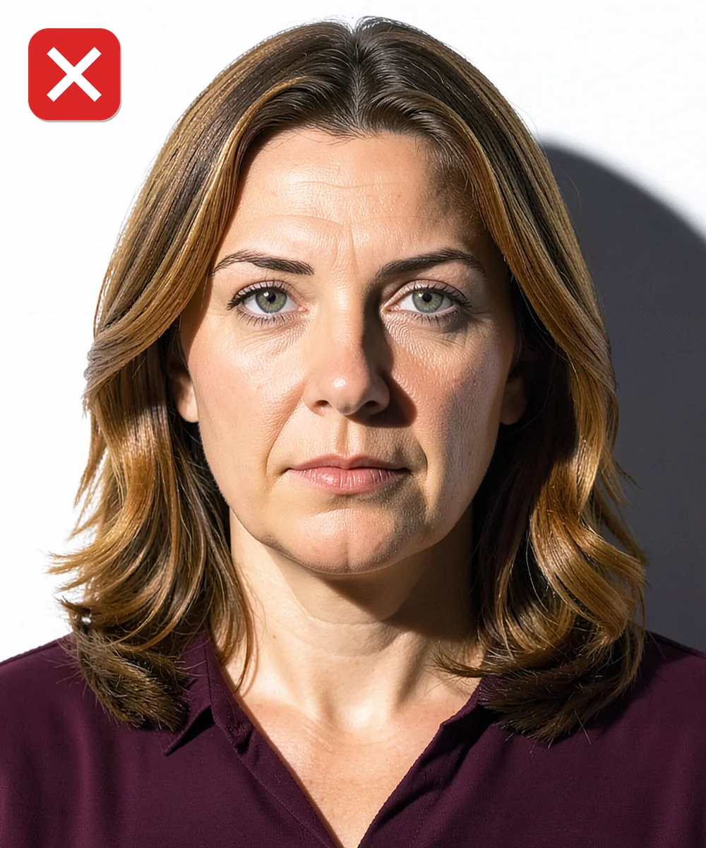 Passport Photo in Büyükçekmece — Incorrect ID photo: harsh side lighting splits the face