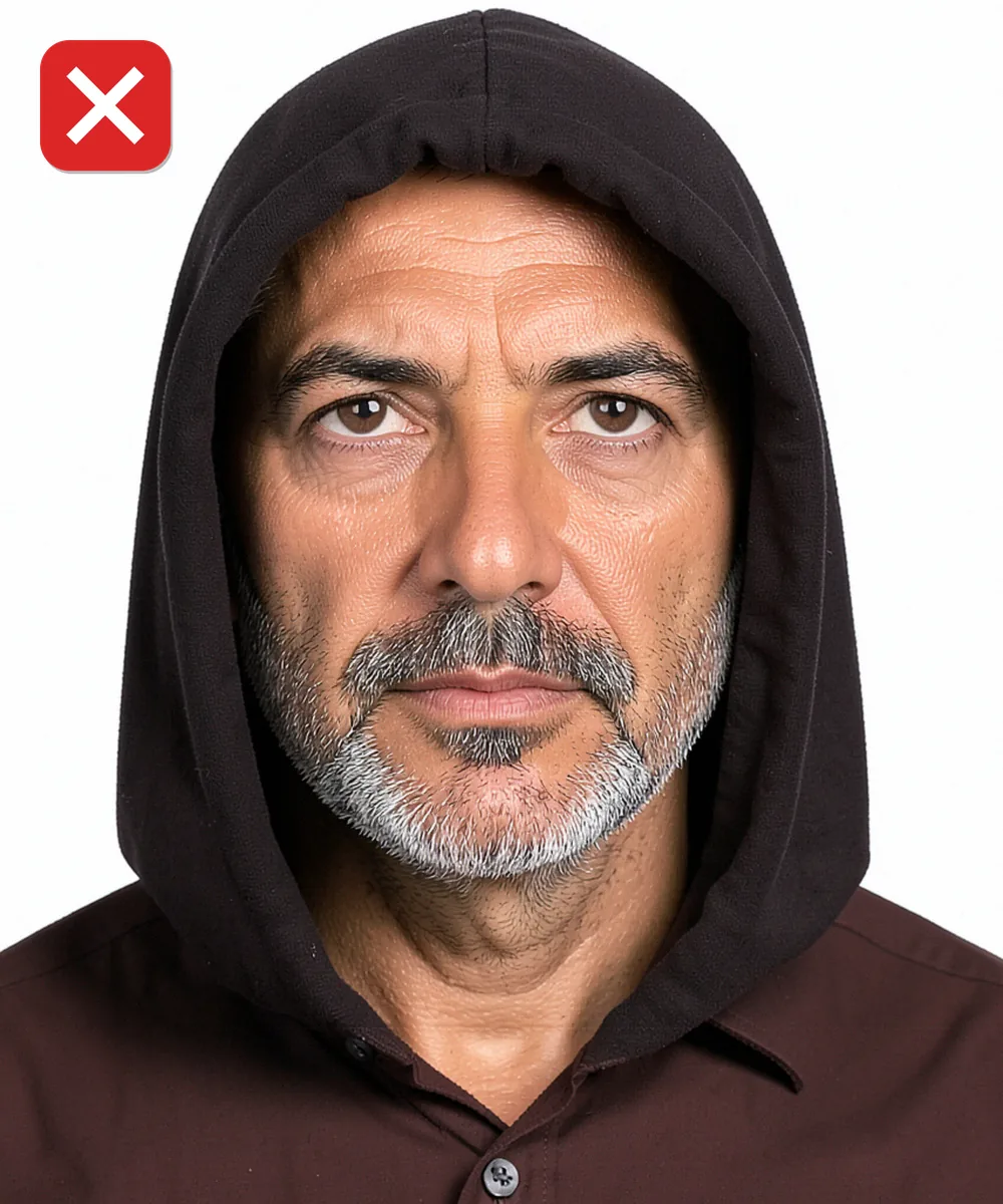 Passport Photo in Eyüpsultan — Incorrect ID photo: hood pulled up over the head