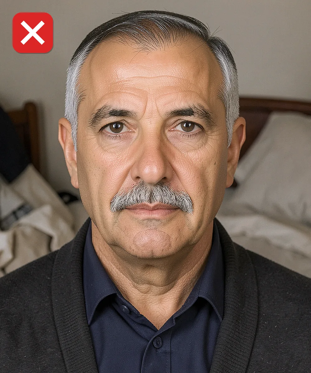Passport Photo in Güngören — Incorrect ID photo: taken in an untidy bedroom