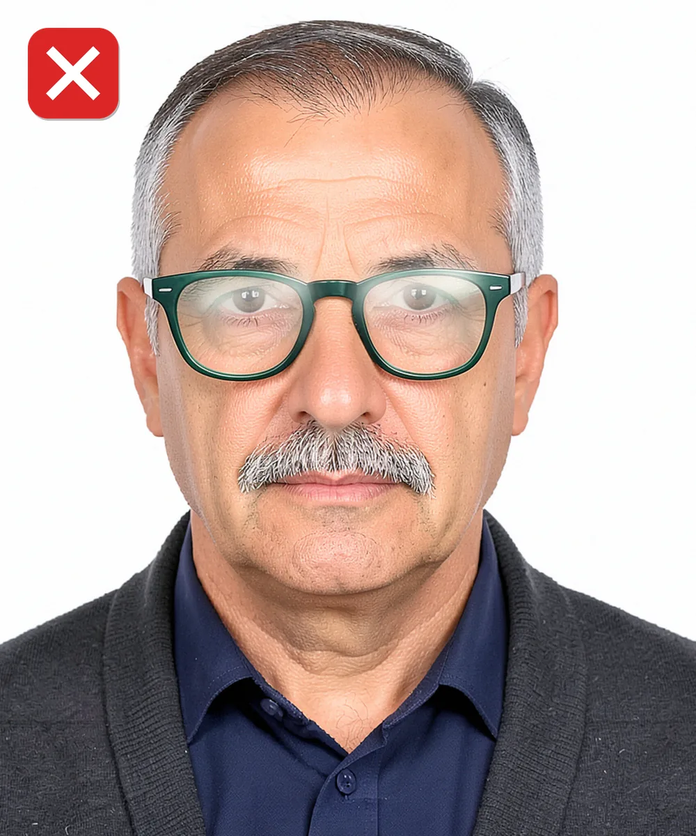 Passport Photo in Güngören — Incorrect ID photo: glare on the glasses lenses