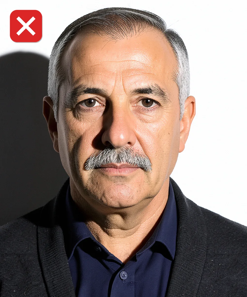 Passport Photo in Güngören — Incorrect ID photo: harsh side lighting splits the face