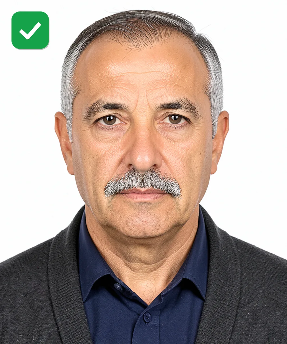 Passport Photo in Güngören — Correct ID photo: neutral expression, upright head, white background