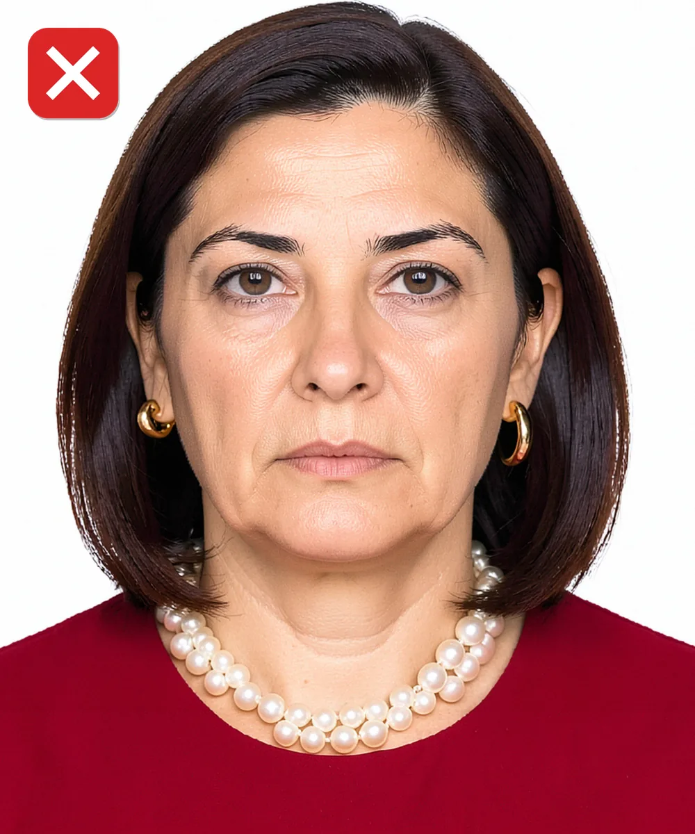 Kartal'da Vesikalık Fotoğraf — Yanlış vesikalık örneği: büyük küpe ve kolye