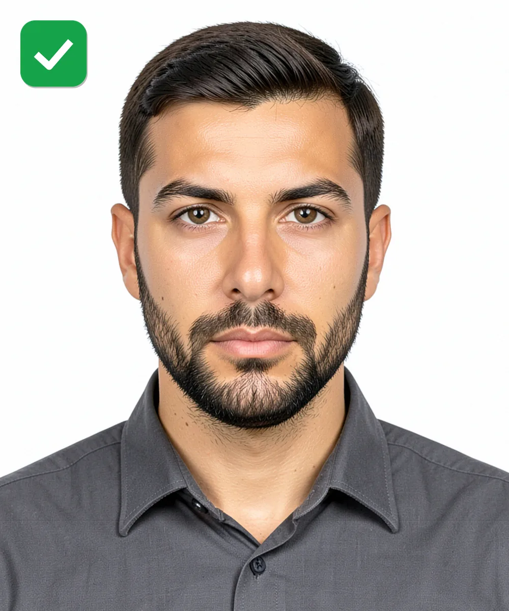 Küçükçekmece'de Vesikalık Fotoğraf — Doğru vesikalık örneği: nötr ifade, dik baş, düz beyaz fon