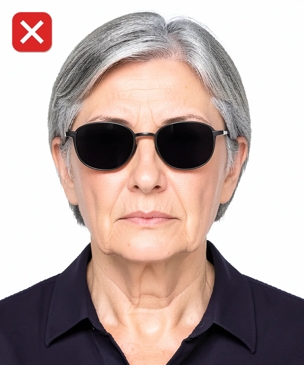 Passport Photo in Maltepe — Incorrect ID photo: dark tinted lenses hide the eyes