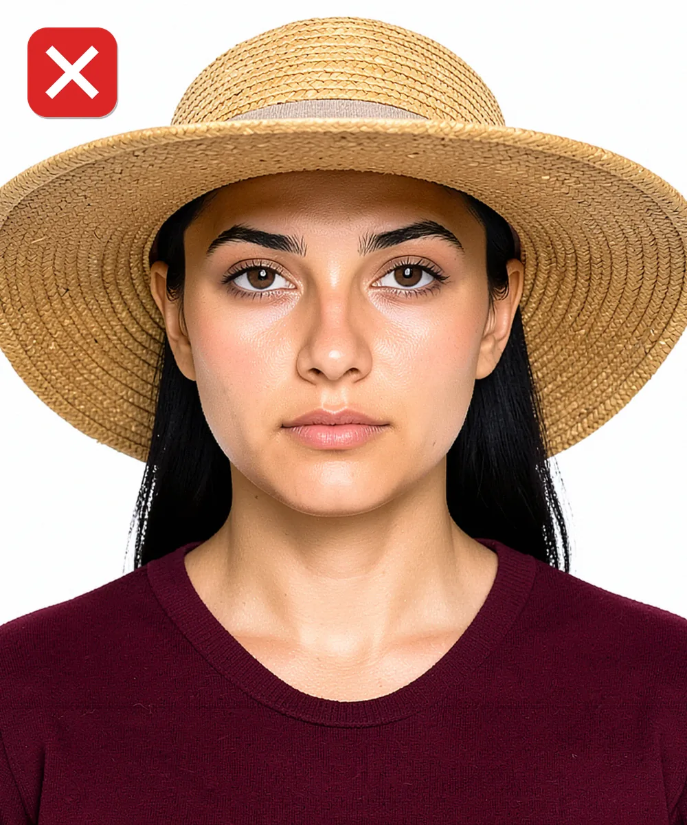Passport Photo in Pendik — Incorrect ID photo: wide-brimmed straw sun hat