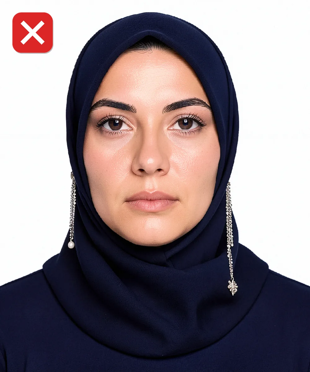 Sultanbeyli'de Vesikalık Fotoğraf — Yanlış vesikalık örneği: iri sallantılı küpe ve parlak broş