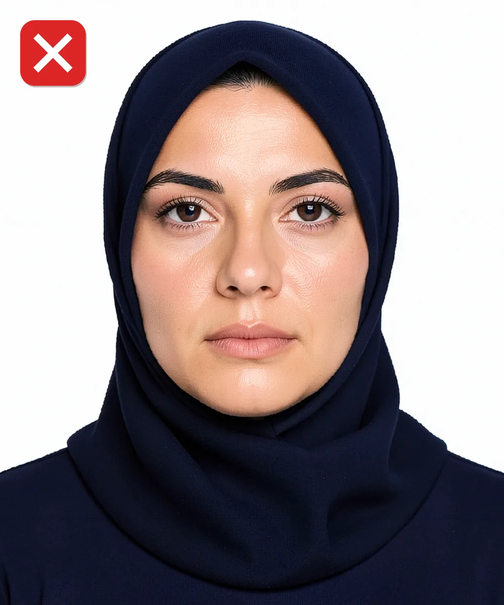 Sultanbeyli'de Vesikalık Fotoğraf — Yanlış vesikalık örneği: başörtüsü alnı ve kaşları kapatıyor