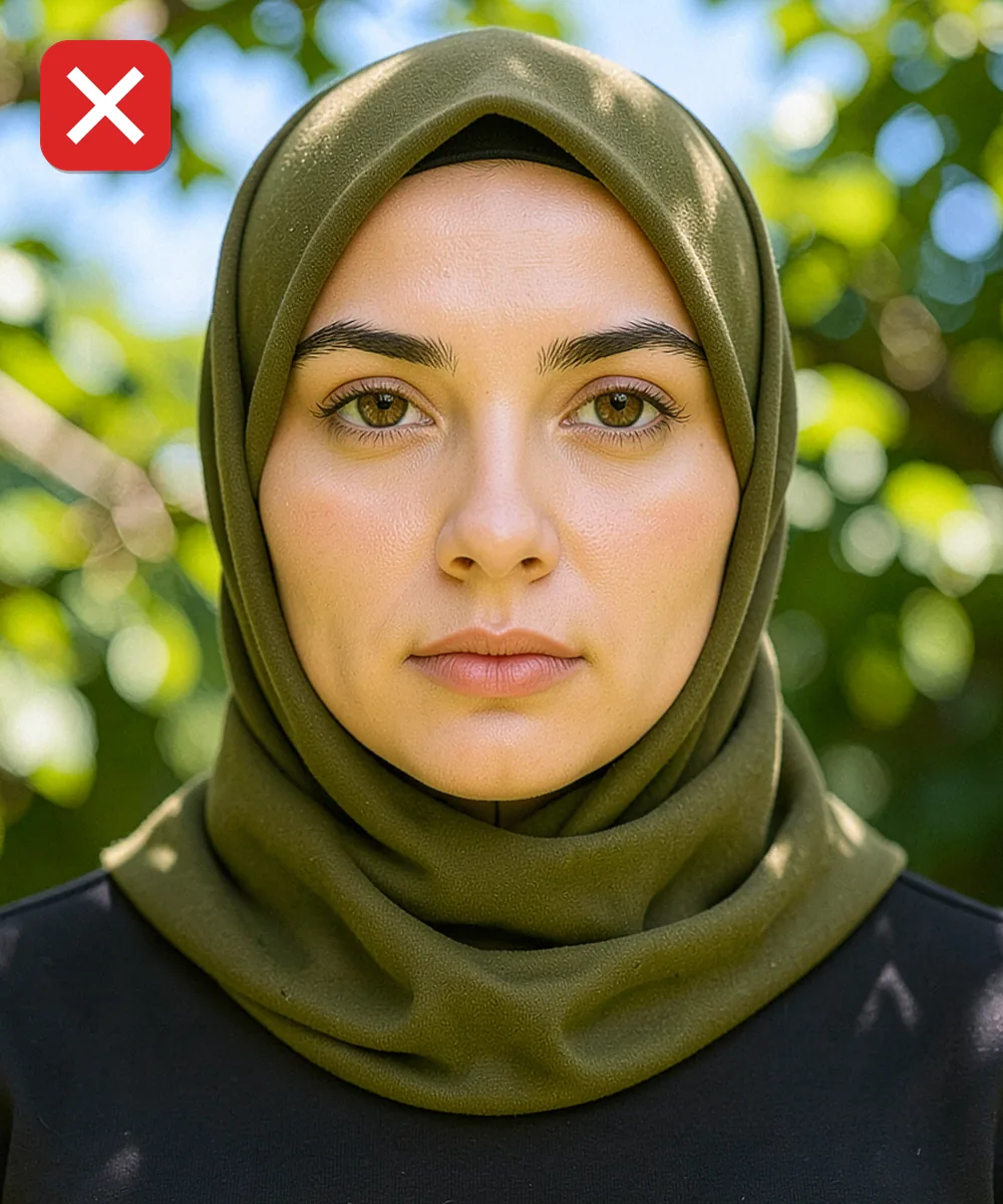 Ümraniye'de Vesikalık Fotoğraf — Yanlış vesikalık örneği: dışarıda yeşillik önünde