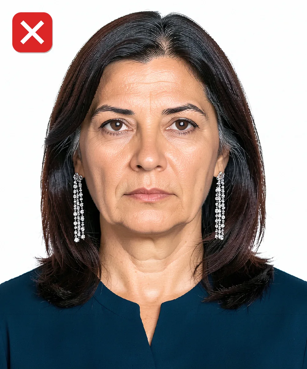 Üsküdar'da Vesikalık Fotoğraf — Yanlış vesikalık örneği: iri sallantılı küpe