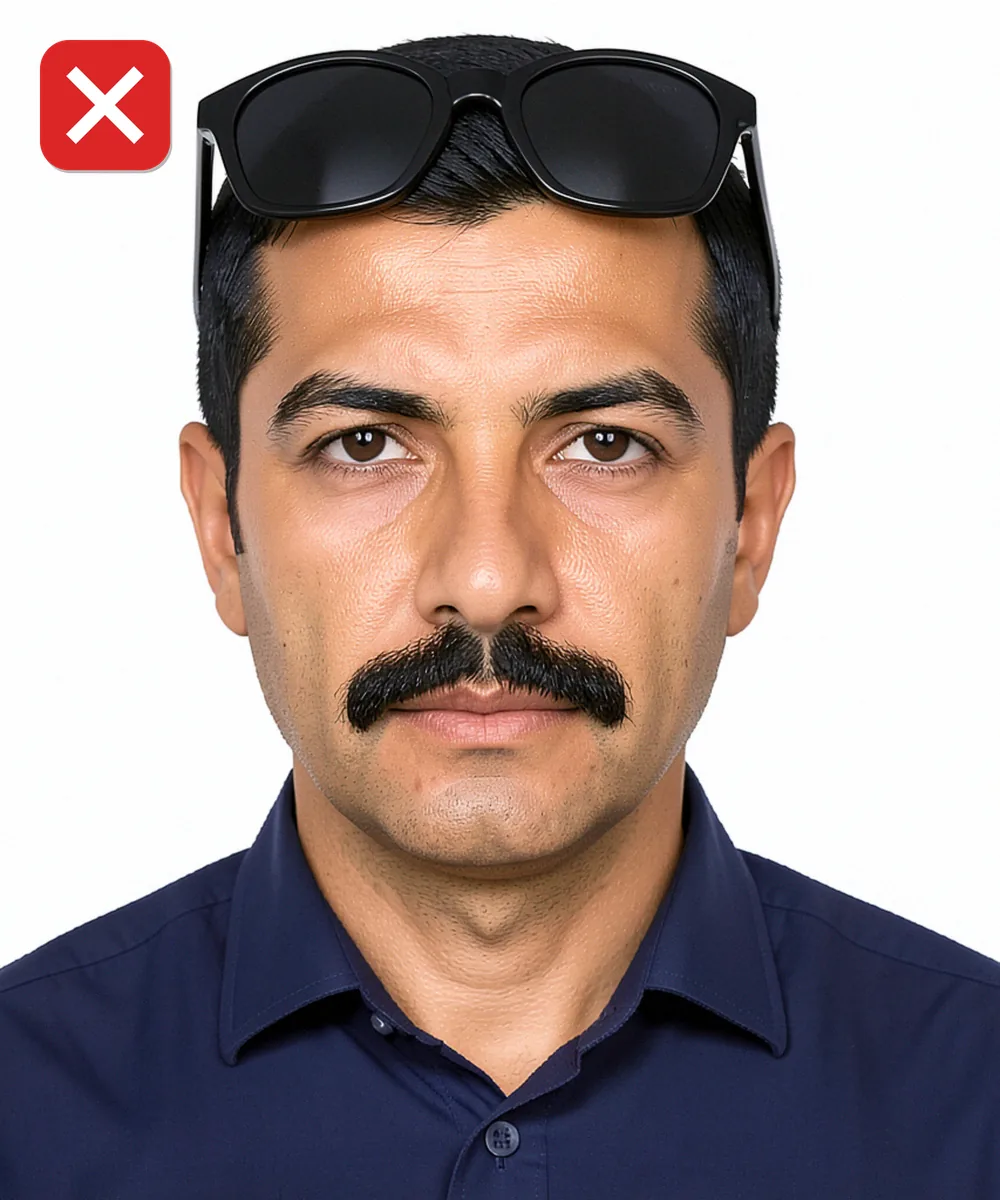 Passport Photo in Zeytinburnu — Incorrect ID photo: sunglasses pushed up on the head