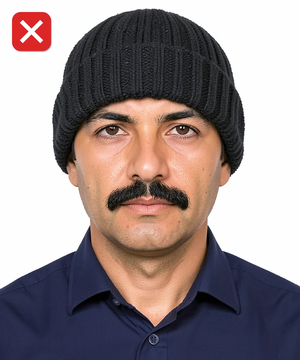 Passport Photo in Zeytinburnu — Incorrect ID photo: wearing a beanie hat
