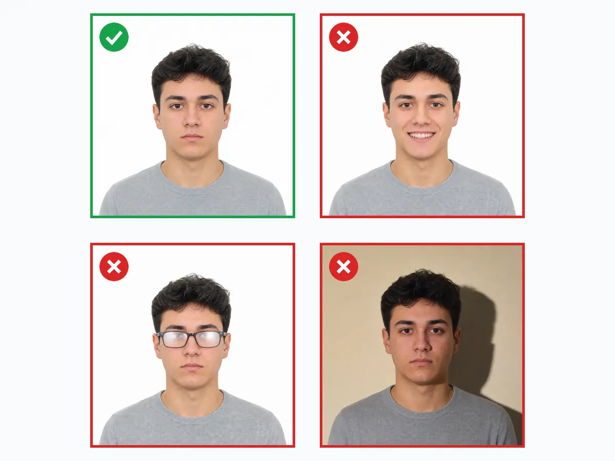 أمثلة صحيحة وخاطئة لصورة K-ETA: صورة مربعة مطابقة مقابل الابتسامة وانعكاس النظارات والخلفية المظللة