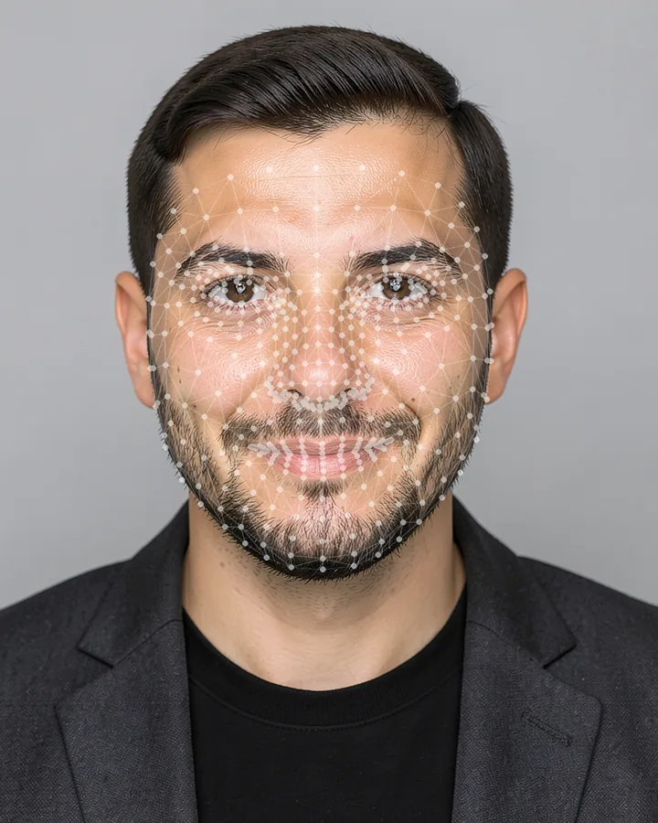 Example corporate CV photo for a résumé: vertical crop, light grey background, natural expression