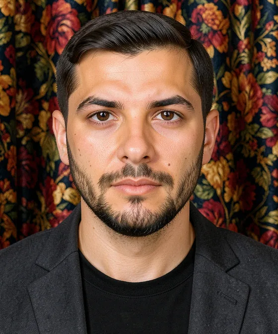 CV Photo — Incorrect corporate portrait: patterned curtains in the background
