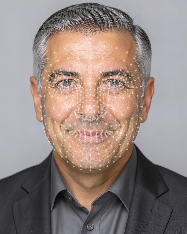 Beispiel eines horizontalen Business-Porträts auf hellgrauem Hintergrund: die Person zentriert, beidseitig symmetrischer Freiraum